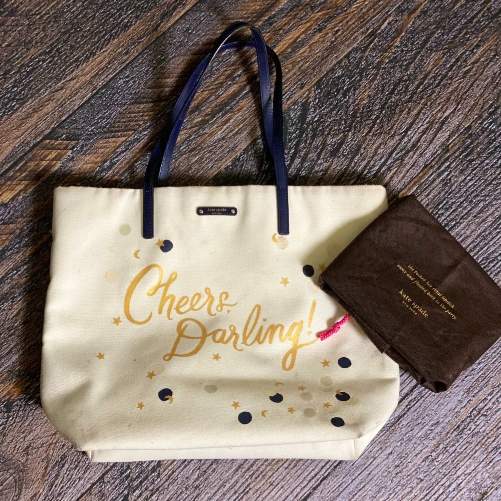 Kate Spade Cream Canvas Tote with Navy and Gold Details - Good Condition
